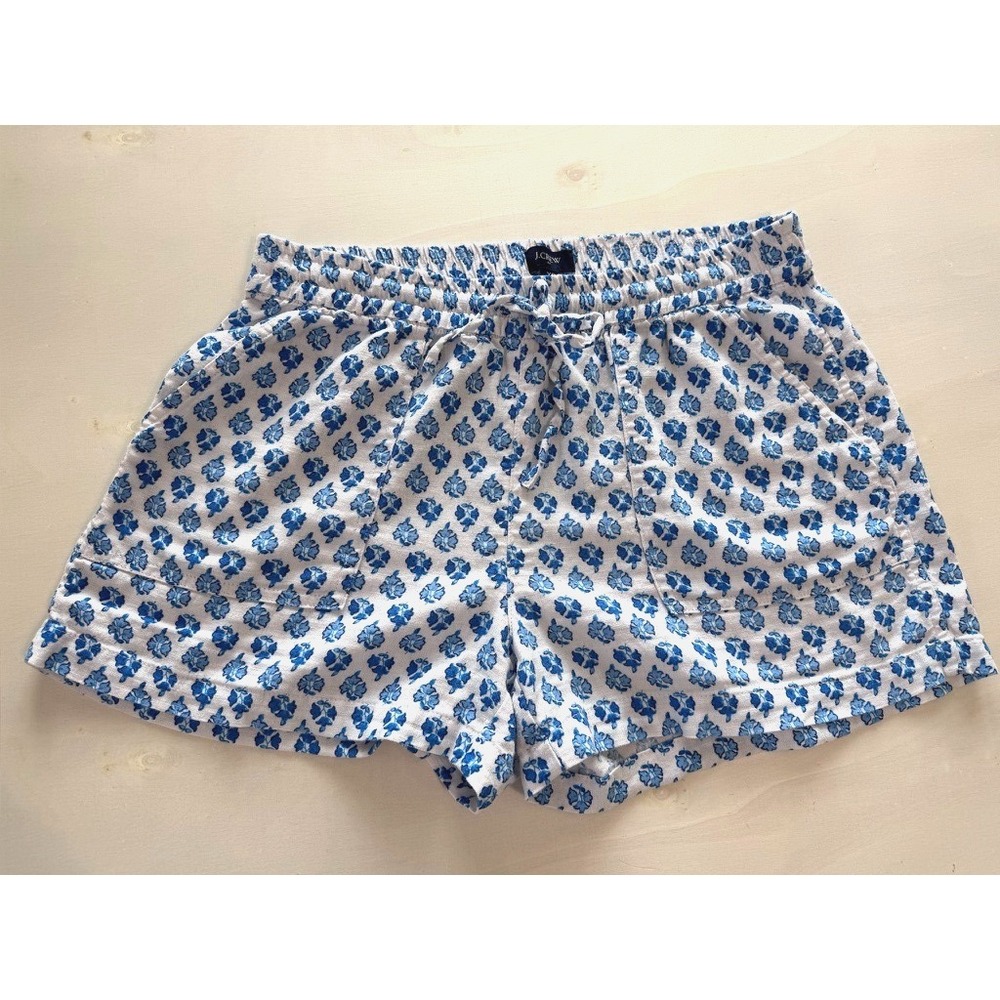 J. CREW Women's Linen Blend Shorts Drawstring Blue/White Print XS Summer